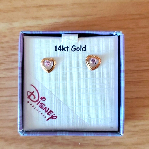 14k Gold heart earrings with pink rhinestones - Picture 1 of 3